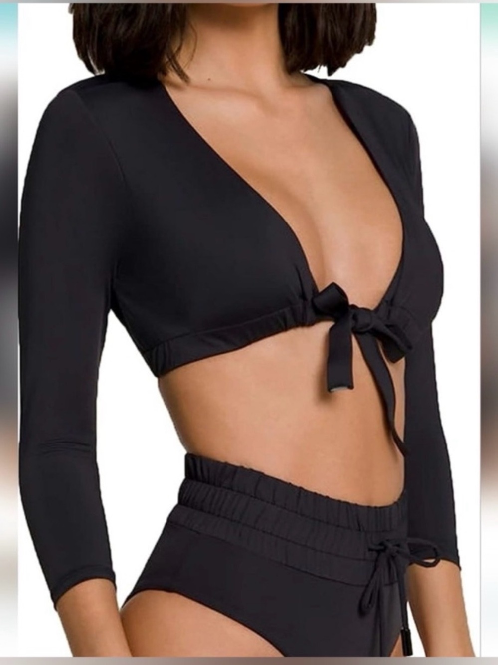 NWT - Good American L - Black Tie-Front Long Sleeve swim Top